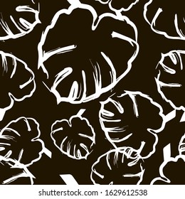 Seamless background with decorative Tropical palm leaves. Monstera. Ink drawing. Vector illustration for web design or print.