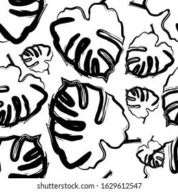 Seamless background with decorative Tropical palm leaves. Monstera. Ink drawing. Vector illustration for web design or print.
