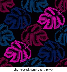 Seamless background with decorative Tropical palm leaves. Monstera. Ink drawing. Vector illustration for web design or print.