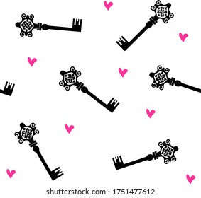 seamless background with decorative vintage key and drawing pink hearts