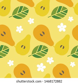Seamless background with decorative yellow Pears. Harvest. Summer garden. Vector illustration. Can be used for wallpaper, textile, invitation card, wrapping, web page background.