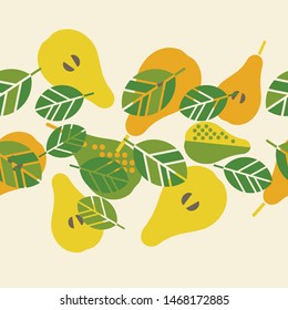 Seamless background with decorative yellow Pears. Harvest. Summer garden. Vector illustration. Can be used for wallpaper, textile, invitation card, wrapping, web page background.