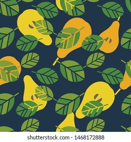 Seamless background with decorative yellow Pears. Harvest. Summer garden. Vector illustration. Can be used for wallpaper, textile, invitation card, wrapping, web page background.
