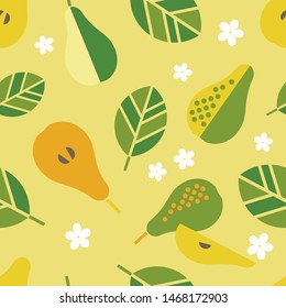Seamless background with decorative yellow Pears. Harvest. Summer garden. Vector illustration. Can be used for wallpaper, textile, invitation card, wrapping, web page background.