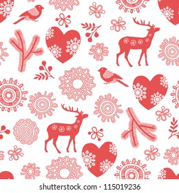 Seamless background with deer, bullfinches and  hearts for winter and christmas theme. Vector illustration.