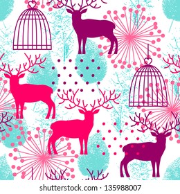 Seamless background with deer, cage and tracing leaves