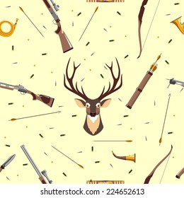 Seamless background with deer head, hunting equipment and weapon
