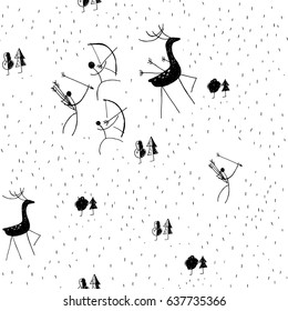 Seamless background with deer hunting, with arrows, hunting bow, trees, grass. Sketch of drawing by hand on a white background in ethnic style for wallpaper, printing on fabric, background of a site.