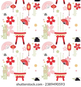 Seamless background . Delicate flat oriental pattern with Japanese miniatures on a white background.