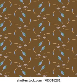 Seamless background with delicate petals and leaves of flowers in gold,brown and blue colors.Vector drawing can be used for festive packaging, posters, textiles for Valentine's Day, Birthday, Wedding.