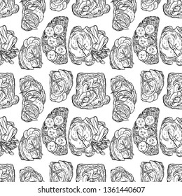 seamless background of delicious breakfast toasts eggs, fish and other ingredients. hand drawn illustration