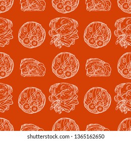seamless background of delicious breakfast toasts eggs, fish and other ingredients. hand drawn illustration