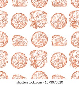 seamless background of delicious breakfast toasts eggs, fish and other ingredients. hand drawn illustration