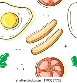 
Seamless background with delicious food. Design for fabric, wallpaper, napkins, textiles, packaging, backgrounds.