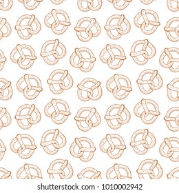 seamless background of delicious pretzels. hand-drawn illustration