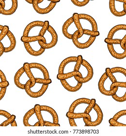 seamless background of delicious pretzels. hand-drawn illustration