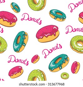 seamless background of delicious sweet baked donuts, cute