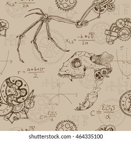 Seamless background with demon skull, fantasy dragon wing and retro mechanism. Scary repeated pattern with animal skeleton and mechanical parts