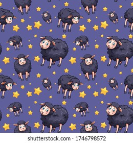 Seamless background design with black sheep and stars illustration