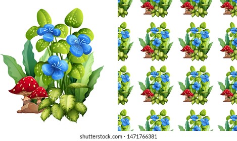 Seamless background design with blue flowers and mushrooms illustration