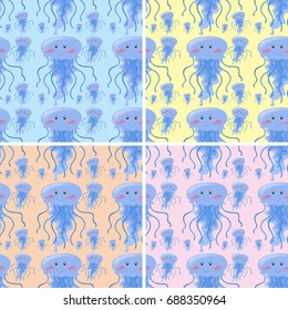 Seamless background design with blue jellyfish illustration