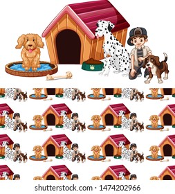 Seamless background design with boy and three dogs illustration