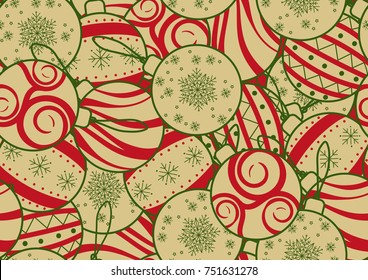 Seamless background design for Christmas, New Year or party in simple flat style. Colorful Christmas ornament random on background in red, green and cream colors.