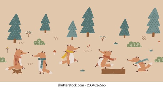 Seamless background design with cute foxes and trees. Cartoon style fox characters with scarf. 