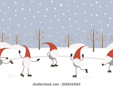 Seamless background design with cute and funny Scandinavian gnomes ice skating. Winter scene background with Scandinavian gnomes, snow piles, trees, gray sky, and falling snow.