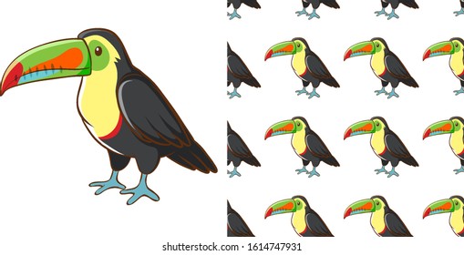 Seamless background design with cute toucan illustration