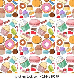 Seamless background design with different desserts illustration