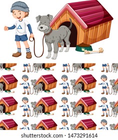 Seamless background design with dog and boy illustration