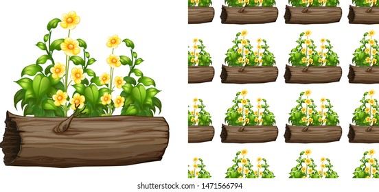 Seamless background design with flowers on log illustration