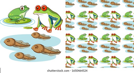 Seamless background design with frogs and tadpoles illustration