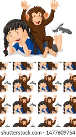 Seamless background design with girl and monkey illustration