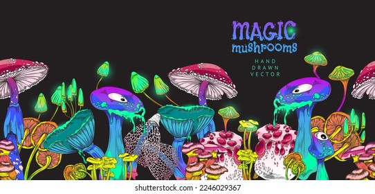 Seamless background design with glowing magic toadstools and mushrooms fantasy plants, vector illustration isolated on dark background. Fancy mushrooms repeatable border.