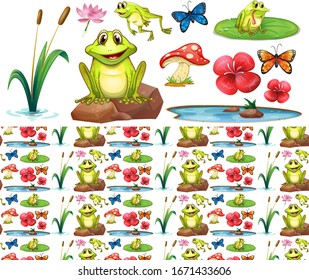 Seamless background design with happy frogs in the pond illustration