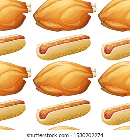 Seamless background design with hotdog and chicken illustration