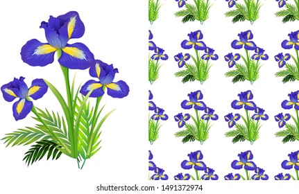 Seamless background design with iris flowers and ferns illustration
