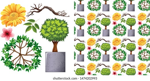 Seamless background design with isolated objects theme gardening illustration