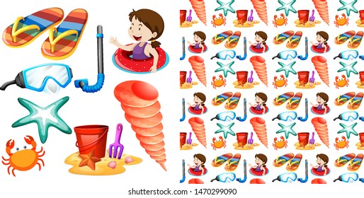 Seamless background design with isolated set of summer holiday illustration