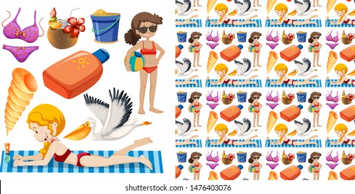 Seamless background design with isolated set of summer holiday illustration
