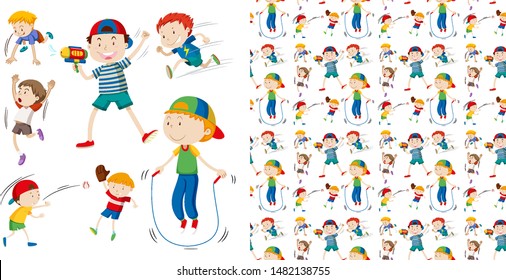 Seamless background design with isolated set of kids playing illustration