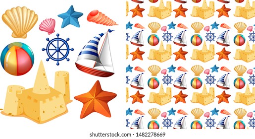 Seamless background design with isolated set of beach objects illustration