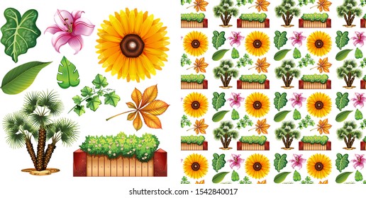 Seamless background design with isolated set of gardening illustration