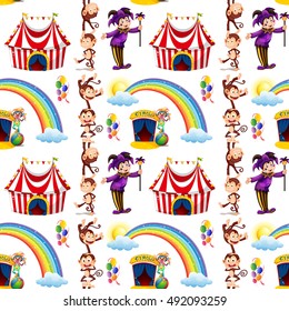 Seamless background design with jester and monkeys illustration