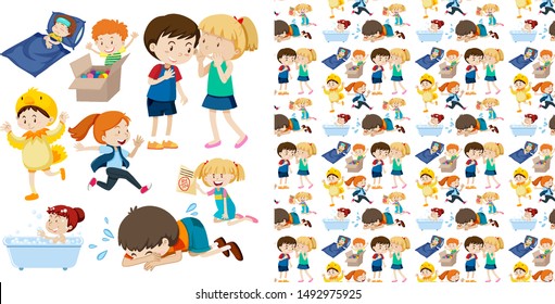 Seamless background design with kids in different actions illustration