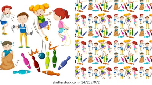 Seamless background design with kids doing sports illustration