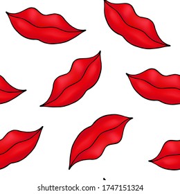 Seamless background for design. Lips, mouth, kiss, smile. Color vector illustration. Women's beautiful lips. Gift. Digital paper. Digital art. Gift wrapping paper.