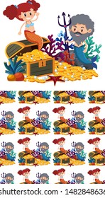 Seamless background design with mermaid and treassure illustration